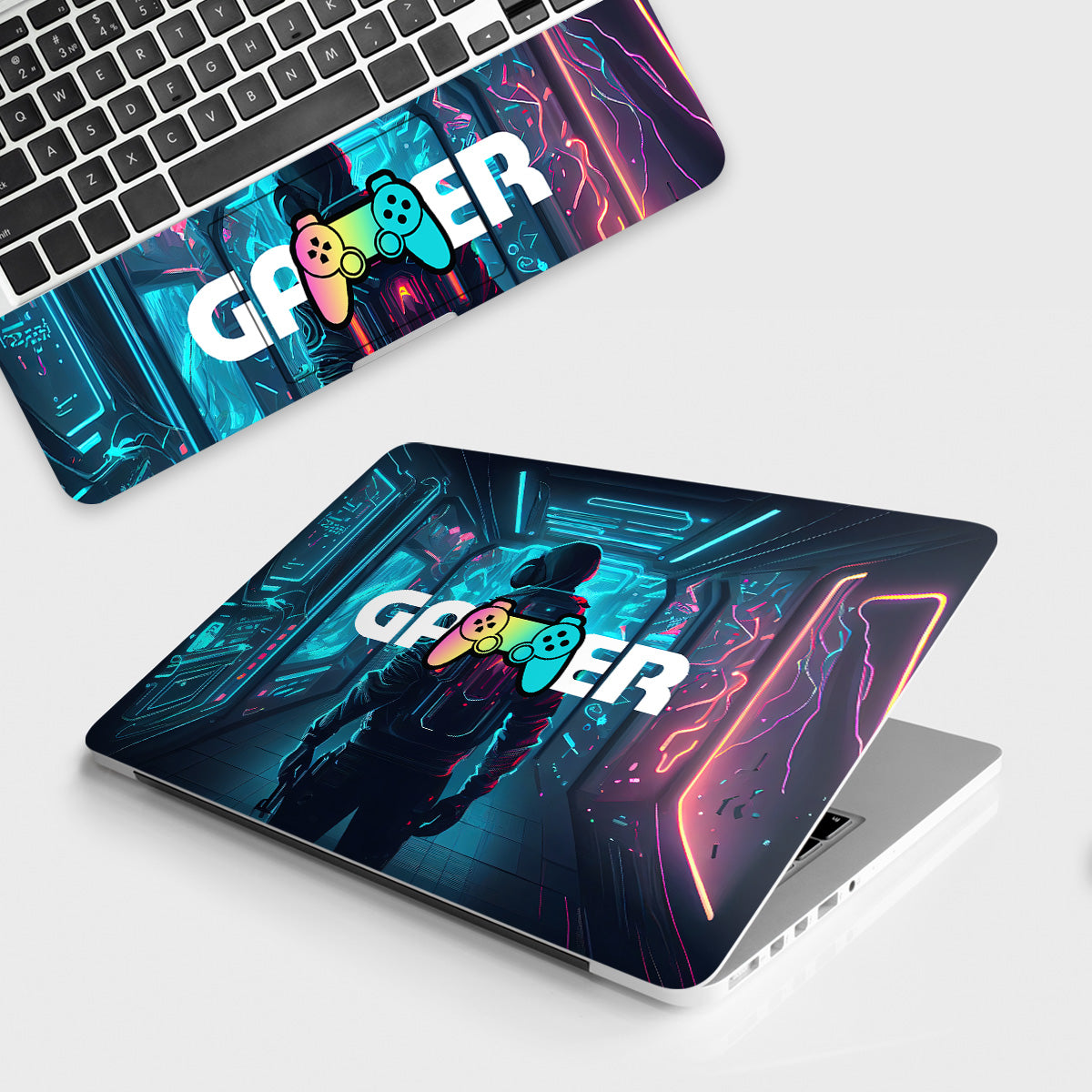 Show Your Gaming Pride with Gamer in Glowing Background Laptop Skin Futuristic and Gaming Ready Design