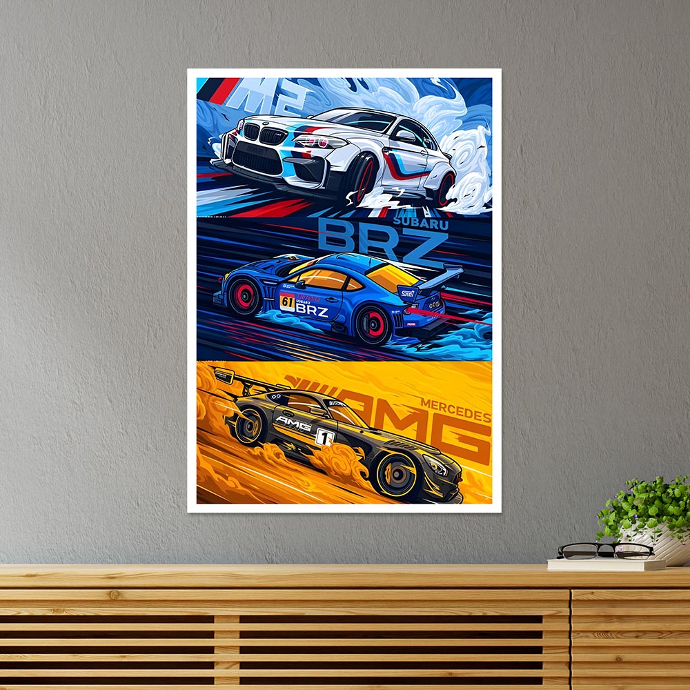 BMW, Subaru and Mercedes Cars & Bikes Poster