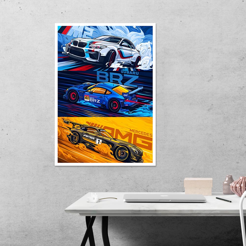 BMW, Subaru and Mercedes Cars & Bikes Poster