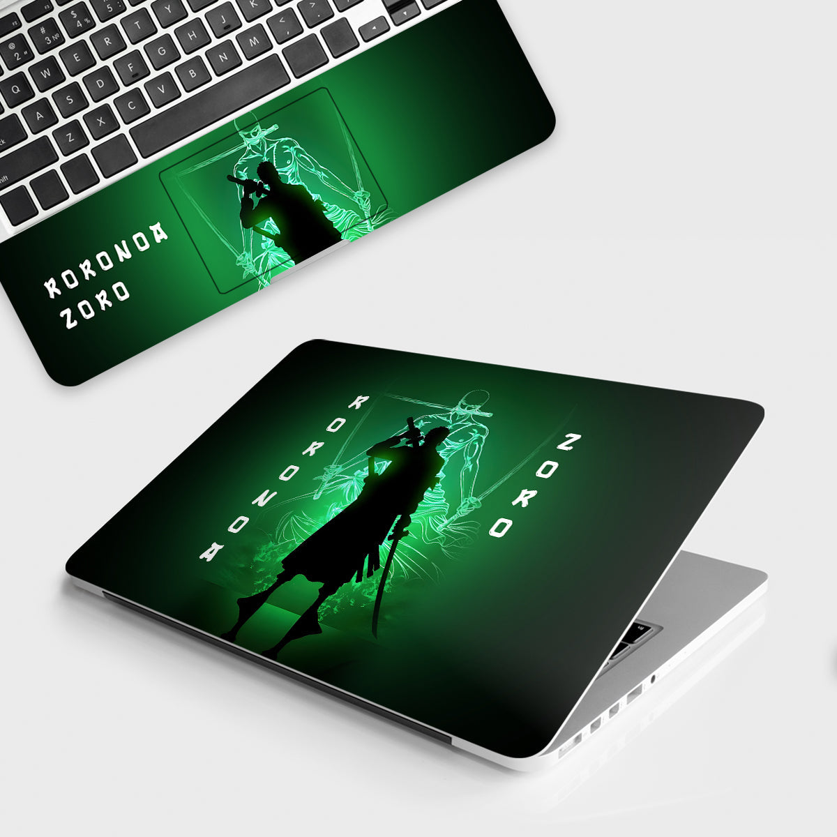 Fomo Store Laptop Skins Anime Zoro in Green Fluorescent Background 