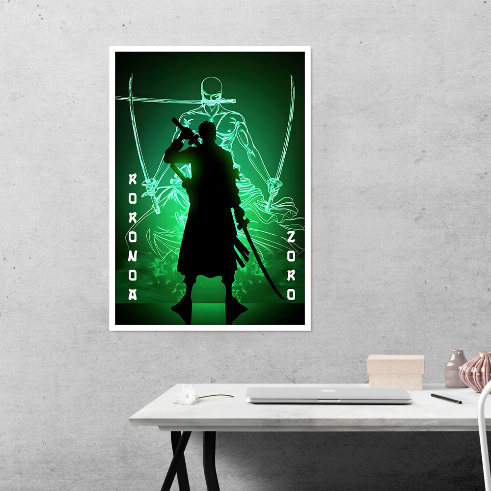 Zoro in Green Fluorescent Background Anime Poster
